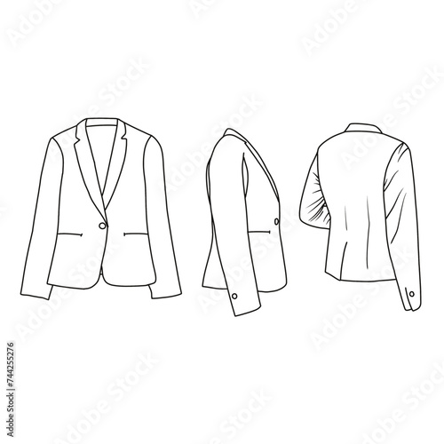 Vector drawing Illustration Hand drawn ink sketch of Fitted jacket line art, suitable for your women jacket design, outline vector doodle illustration, front, side and back view isolated on white