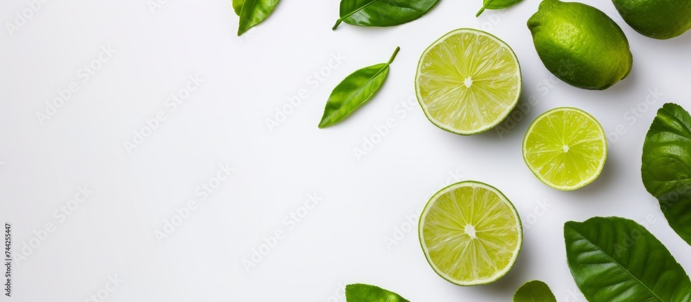 Fresh limes and vibrant green leaves on a clean white background, perfect for refreshing summer concepts