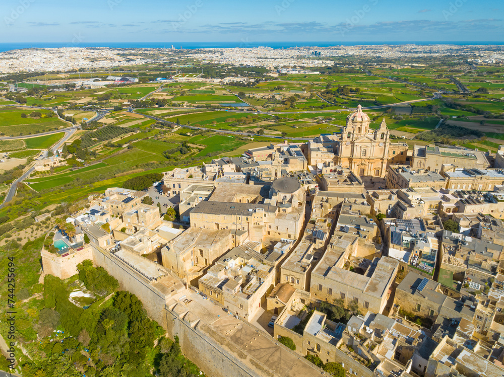 Drone view of Mdina city - old capital of Malta island