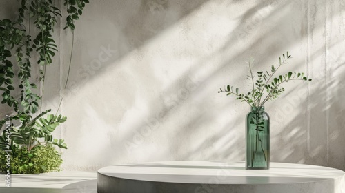 White, empty textured wall and stage background of a podium, generative ai