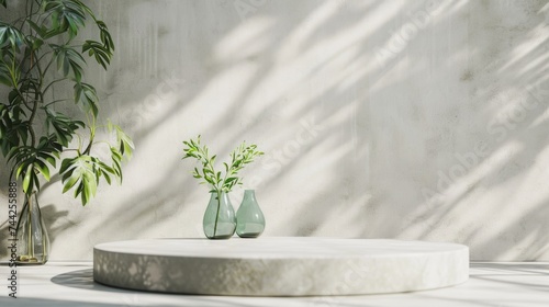 White, empty textured wall and stage background of a podium, generative ai