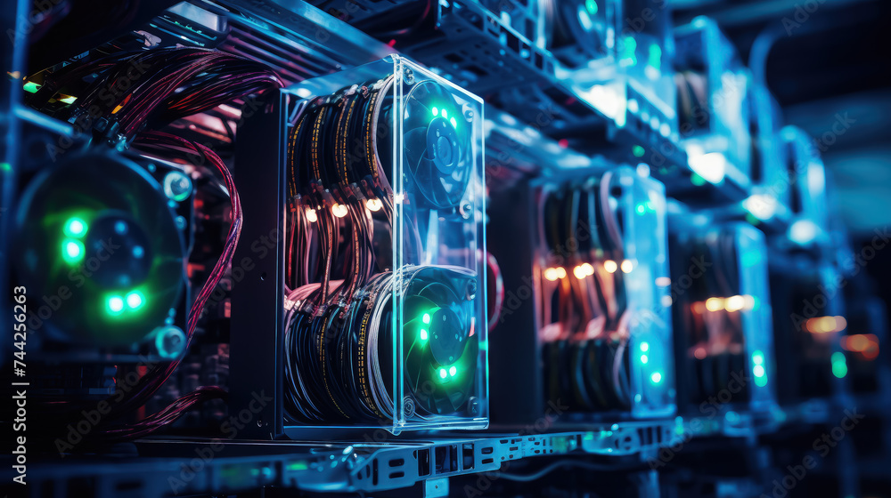 data center, cryptocurrency mining, wires, neon, motherboard, modern technology, electronics, engineering infrastructure, IT, computer, equipment, server, information, network, internet