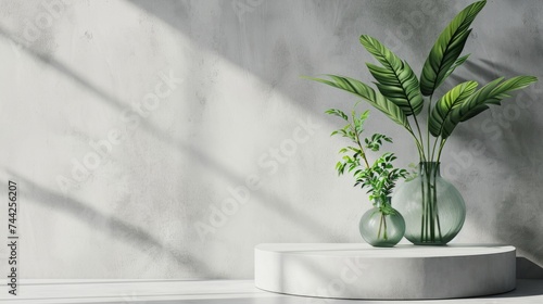 White, empty textured wall and stage background of a podium, generative ai