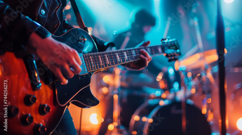 Live band concert with a guitarist in focus, set against a blurred stage backdrop for an atmospheric visual. Perfect for musicians and studio sessions
