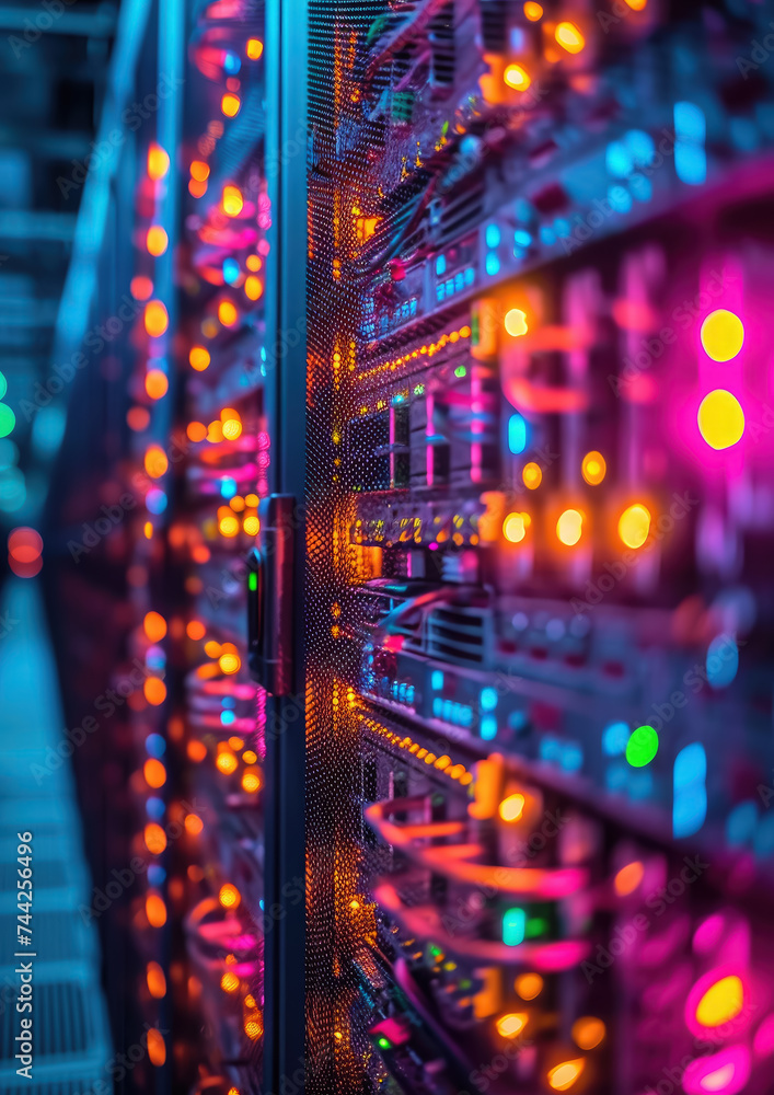 Fototapeta premium data center, cryptocurrency mining, wires, neon, motherboard, modern technology, electronics, engineering infrastructure, IT, computer, equipment, server, information, network, internet