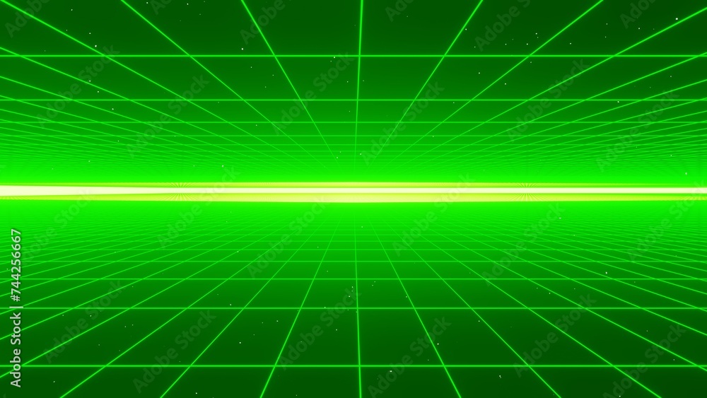 3d abstract retro green neon grid. Wireframe sci-fi futuristic background 80s 90s videogame y2k style. Glow shine light in the middle of space galaxy. Disco music party. Illustration 8k 