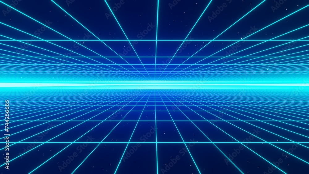 3d abstract retro sky blue aqua neon grid. Wireframe sci-fi futuristic background 80s 90s videogame y2k style. Glow shine light in the middle of space galaxy. Disco music party. Illustration 8k 3d abstract retro sky blue aqua neon grid. Wireframe sci-fi futuristic background 80s 90s videogame y2k style. Glow shine light in the middle of space galaxy. Disco music party. Illustration 8k