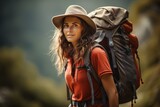 Professional hiking woman. Adventure female hiker with mountain landscape. Generate ai