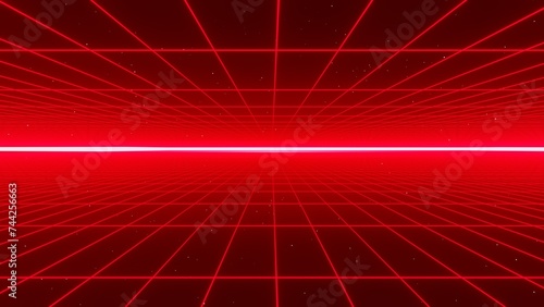 3d abstract retro red neon grid. Wireframe sci-fi futuristic background 80s 90s videogame y2k style. Glow shine light in the middle of space galaxy. Disco music party. Illustration 8k 
