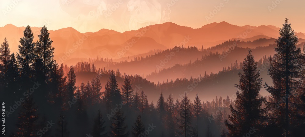 Abstract image of a sunset, the dawn sun over the mountains in the background and a thick forest down to the valley in the foreground. Mountain landscape. Forest mountains in the background. Abstract image of a sunset, the dawn sun over the mountains in the background and a thick forest down to the valley in the foreground. Mountain landscape. Forest mountains in the background.