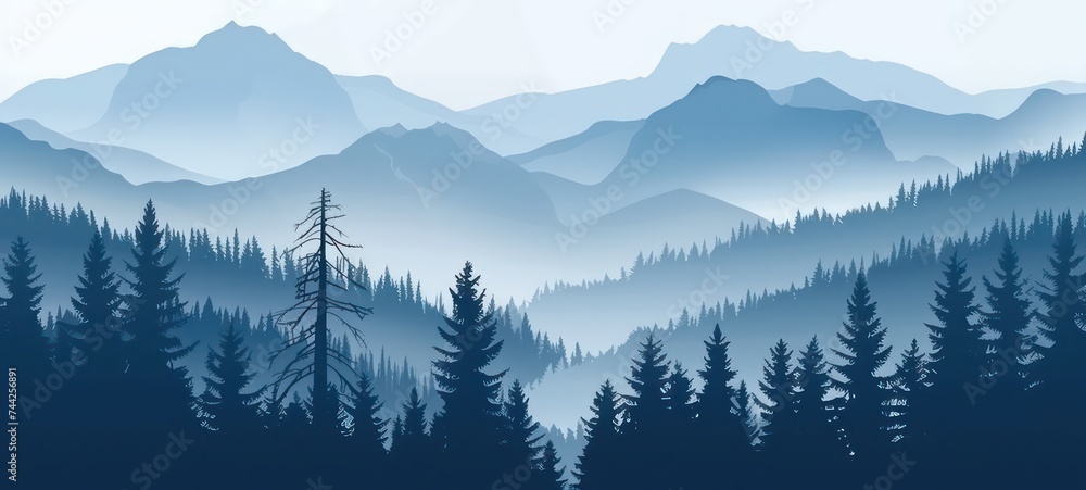 illustration of the pine trees forest receding into the distance on the background of light blue mountains in thick fog.