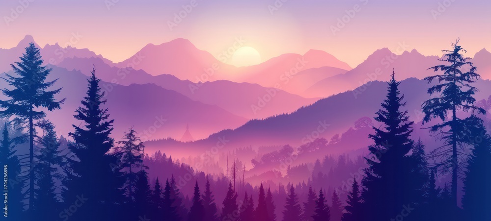 Abstract image of a sunset, the dawn sun over the mountains in the background and a thick forest down to the valley in the foreground. Mountain landscape. Forest mountains in the background.