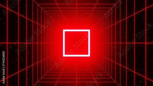 Fototapeta Naklejka Na Ścianę i Meble -  3d retro futuristic red abstract background. Wireframe neon laser swirl grid cube square tunnel lines with stars. Glowing frame. Retroway synthwave videogame sci-fi. 8k illustration