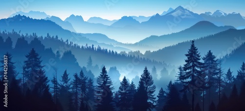 Landscape of misty mountains. View of coniferous forest, layers of mountain and haze in the hills at distance. Beautiful cloudy sky. Tourism and travelling.