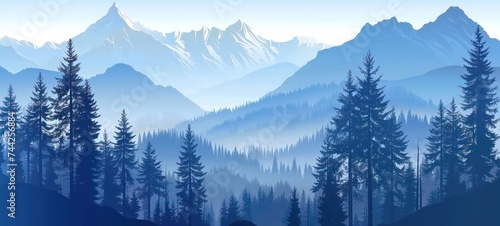  illustration of the pine trees forest receding into the distance on the background of light blue mountains in thick fog.