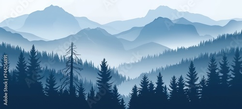 illustration of the pine trees forest receding into the distance on the background of light blue mountains in thick fog. © Ibad