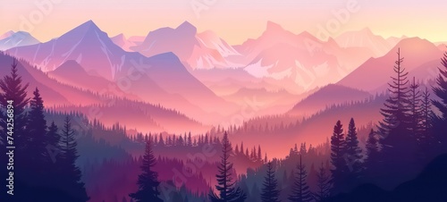 Abstract image of a sunset  the dawn sun over the mountains in the background and a thick forest down to the valley in the foreground. Mountain landscape. Forest mountains in the background.