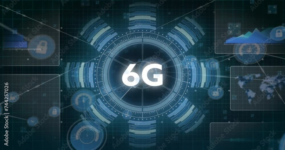 Animation of 6g text, network of connections with icons and data processing