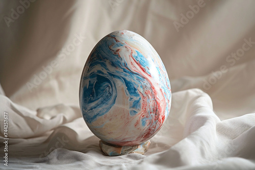 A single colorful marble Easter egg with a swirl of blue, orange and white hues rests on a white fabric, imbued with a natural and artistic essence, perfect for modern Easter decor.