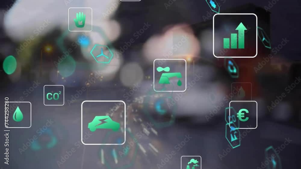 Animation of eco icons and data processing over out of focus city lights Animation of eco icons and data processing over out of focus city lights