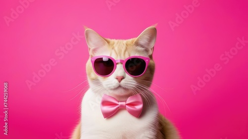 Portrait of a white cat with a bow tie on his neck and sunglasses, animal fashion concept.Business concept © Katerina
