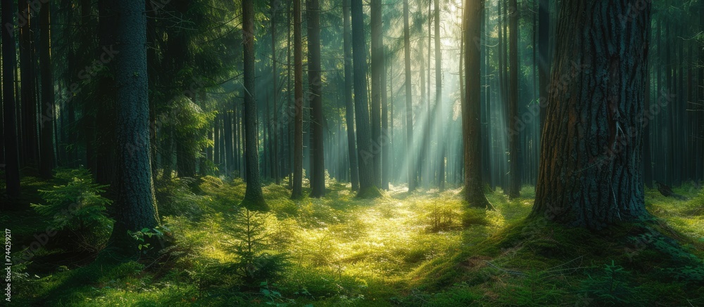 Obraz premium This photo showcases an enchanting woodland pine forest filled with lots of tall trees standing proudly in all their splendor.