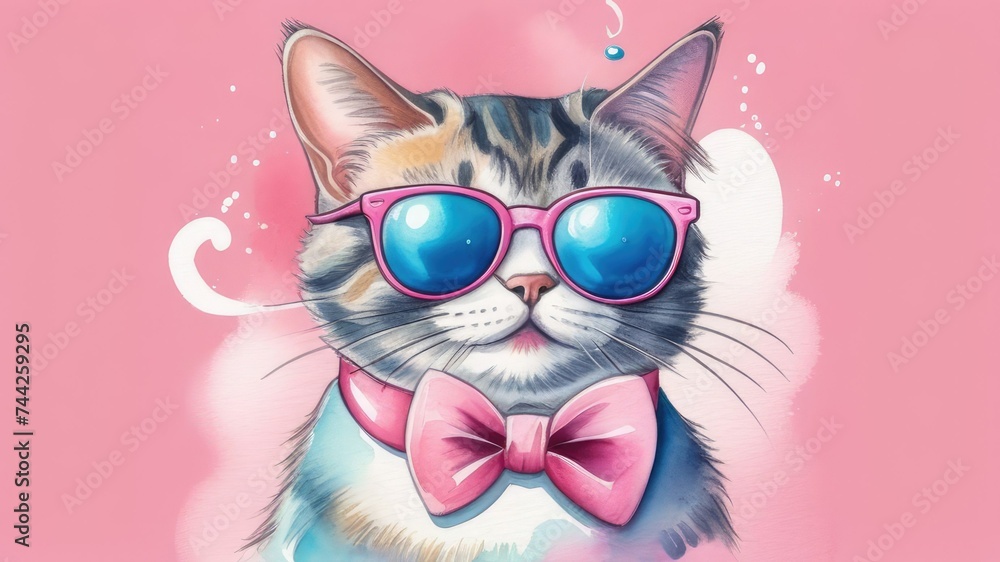 Tabby cat in sunglasses with a bow tie on his neck on a pink background.Happy birthday greeting card.Birthday business concept