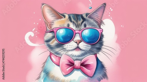 Tabby cat in sunglasses with a bow tie on his neck on a pink background.Happy birthday greeting card.Birthday business concept