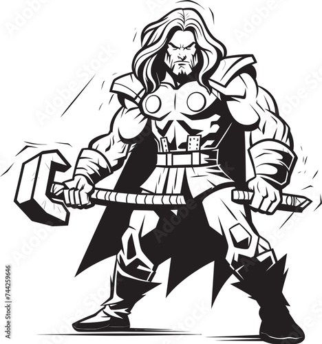 Shadowed Sentinel Long Haired Hero with Axe Blade Bearer Black Logo Graphics