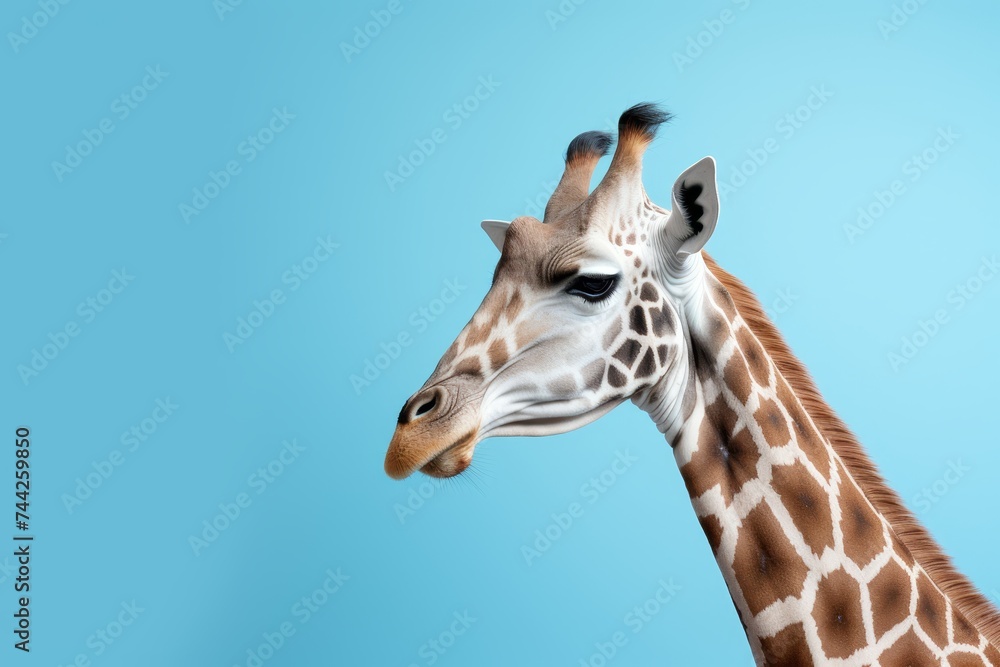 Obraz premium Detailed close-up of a magnificent giraffes elegant head and long neck, showcasing its intricate patterns in the warm sunlight against a stunning blue background.