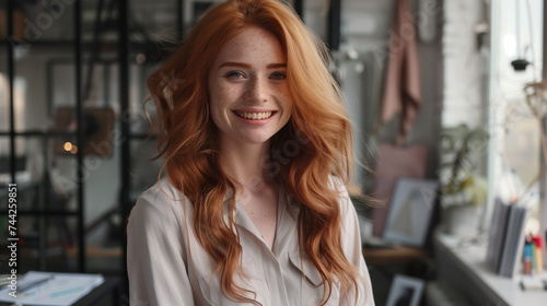Joyful Woman in Creative Workspace: Stylish Female Designer with Long Wavy Red Hair and Freckles Free Download Joyful Woman in Creative Workspace: Stylish Female Designer with Long Wavy Red Hair and Freckles - GFXLoad