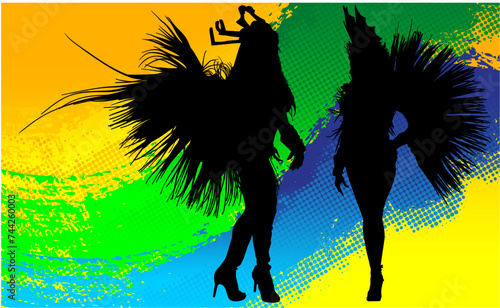 samba, baile, brasil, danza, carnaval, silueta, color, vector, pegatina, plumas, traje,  ilustracion, angel, diablo, pareja