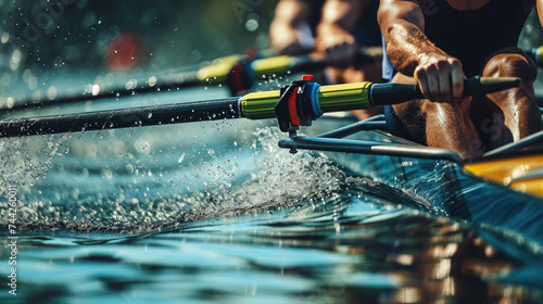 rowing competition on the river, sport, athletes, oars, boat, nature, healthy lifestyle, men, lake, water, hands, strength, speed, floating photo