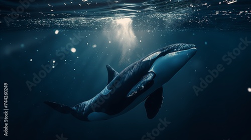 Orca whale in navy blue water swimming