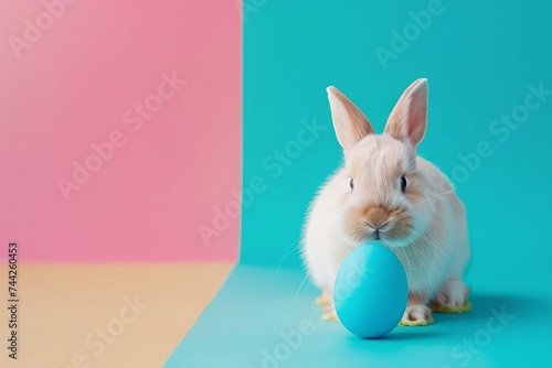 Easter bunny with blue egg on a vibrant background © Lucija