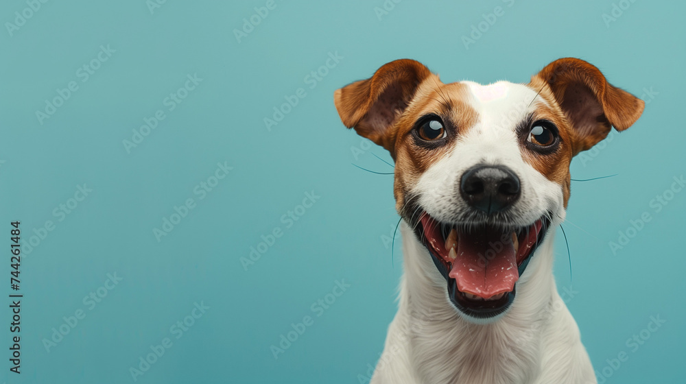 A cheerful Jack Russell Terrier against a blue backdrop