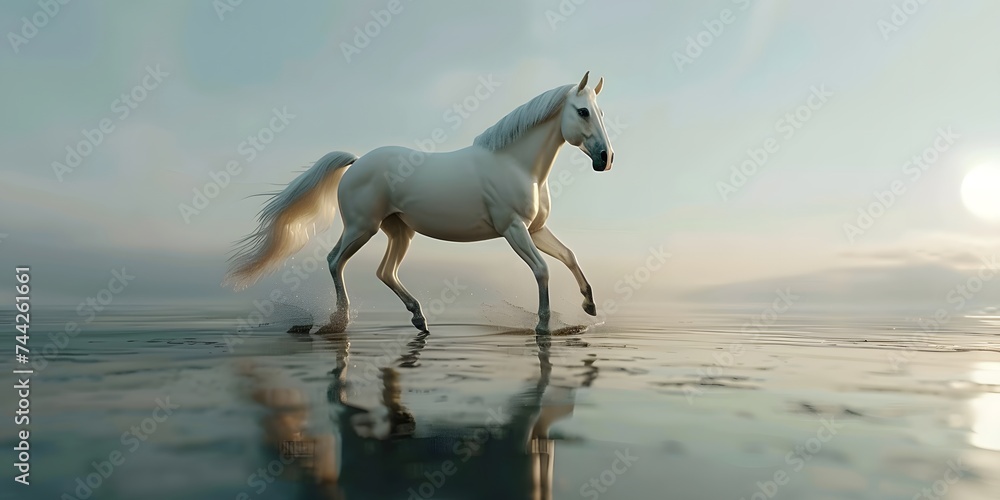 A beautiful amazing white horse runs on the water. Mystical portrait of an elegant stallion. Reflection of a white horse in the water. 3d render A beautiful amazing white horse runs on the water. Mystical portrait of an elegant stallion. Reflection of a white horse in the water. 3d render