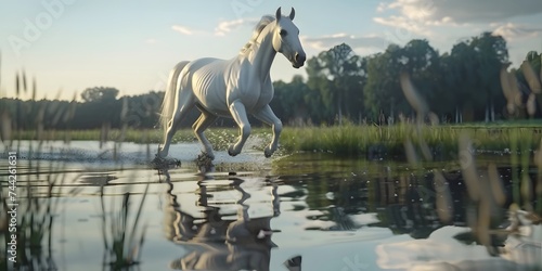 A beautiful amazing white horse runs on the water. Mystical portrait of an elegant stallion. Reflection of a white horse in the water. 3d render