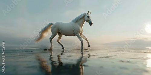 A beautiful amazing white horse runs on the water. Mystical portrait of an elegant stallion. Reflection of a white horse in the water. 3d render © Ziyan Yang
