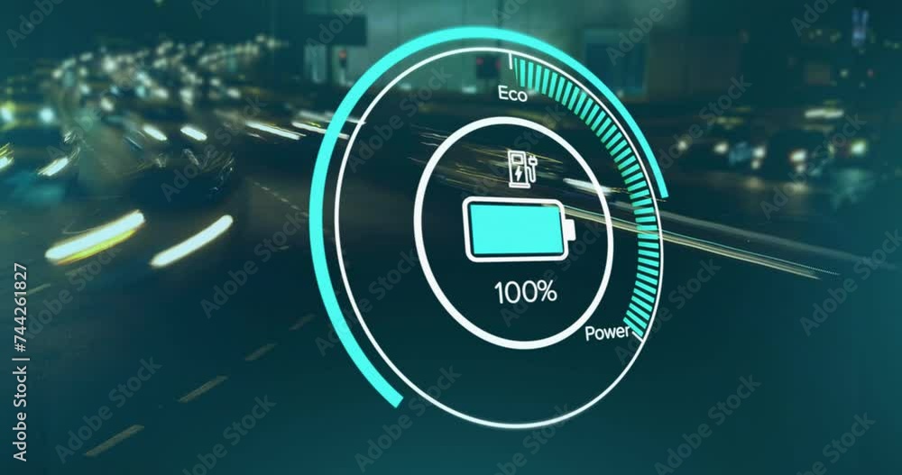 Animation of scope and battery charge data processing over cityscape Animation of scope and battery charge data processing over cityscape