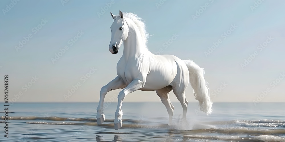 A beautiful amazing white horse runs on the water. Mystical portrait of an elegant stallion. Reflection of a white horse in the water. 3d render