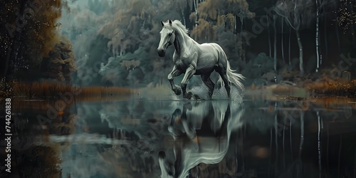 A beautiful amazing white horse runs on the water. Mystical portrait of an elegant stallion. Reflection of a white horse in the water. 3d render © Ziyan Yang