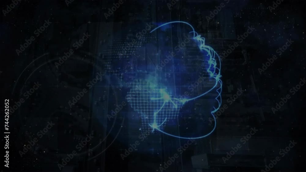 Animation of globe with light trails and data processing on dark background Animation of globe with light trails and data processing on dark background