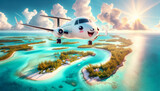 Airplane with smiling face flies over Bahamas' clear blue waters. The happy airplane soars high above the green islands and white sands.
