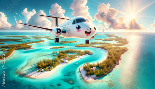 Airplane with smiling face flies over Bahamas' clear blue waters. The happy airplane soars high above the green islands and white sands. photo