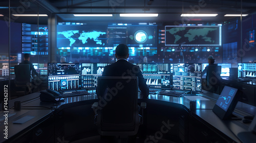 a person in a dark suit, sitting and working in a modern and sophisticated control room filled with screens displaying various types of data.
