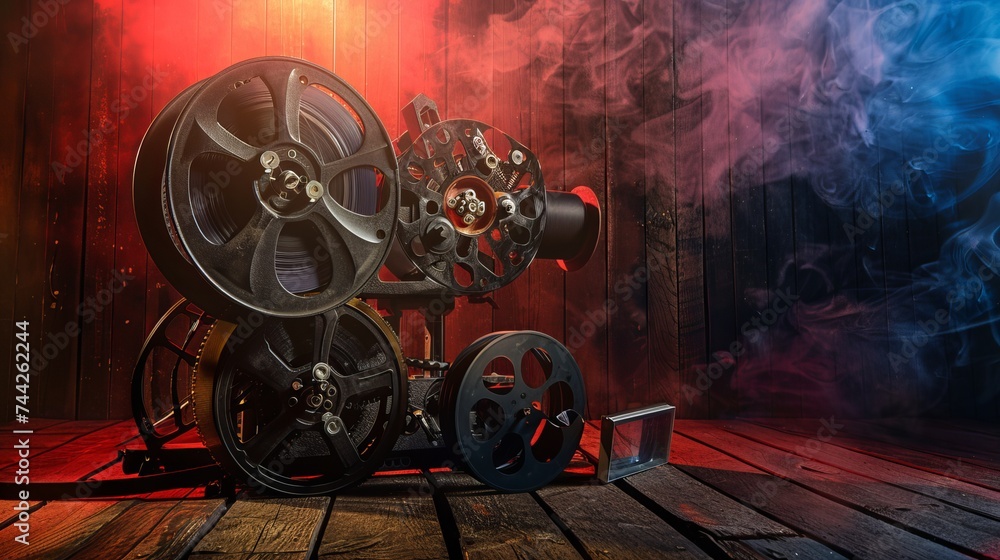 An old 8mm movie projector is used in a scene where 35mm reels are used, and there is dramatic lighting and a wooden backdrop.