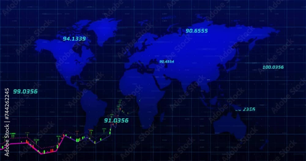 Animation of world map and data processing over dark background Animation of world map and data processing over dark background