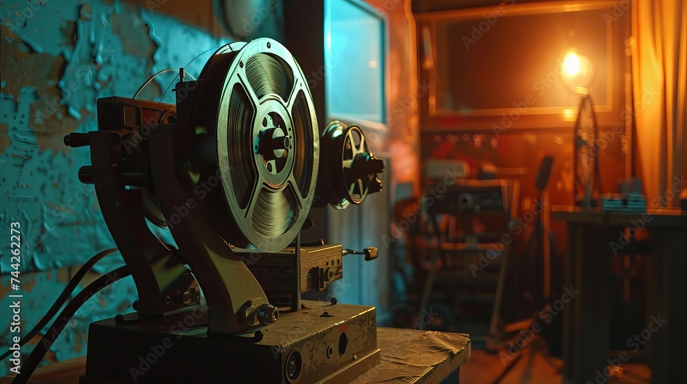An old 8mm movie projector is used in a scene where 35mm reels are used, and there is dramatic lighting and a wooden backdrop.