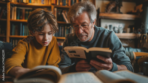 Father shares a book with child, radiating family joy, a scene of fatherly love, with father, child, and family delight, a perfect father's day concept..